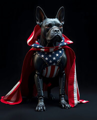 superhero robot dog wearing America flag costume on black background, created by generative ai