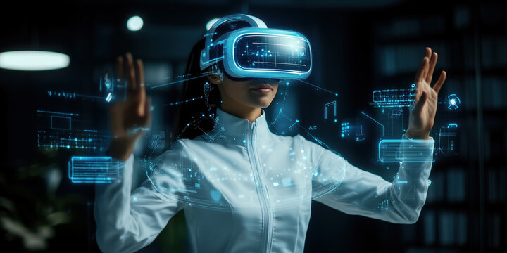 woman wearing virtual reality headset interacts with holographic digital interfaces