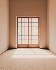 Obraz premium A minimalist Japanese-style room features shoji screens and warm sunlight streaming through the sliding doors onto a tatami mat