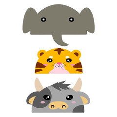 Cow, Tiger and elephant Cartoon Faces vector. Vector design of face animals. Animal Faces with Half-Circle Shapes. Cute Cartoon Animal Faces