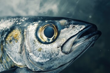 Detailed close up image depicting a fish head in focus