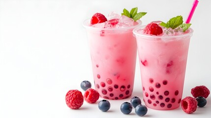 Two refreshing pink raspberry boba tea drinks with blueberries and raspberries in clear plastic cups on white background.