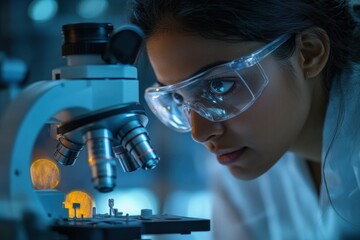 Female researcher examines samples under microscope in a scientific lab setting