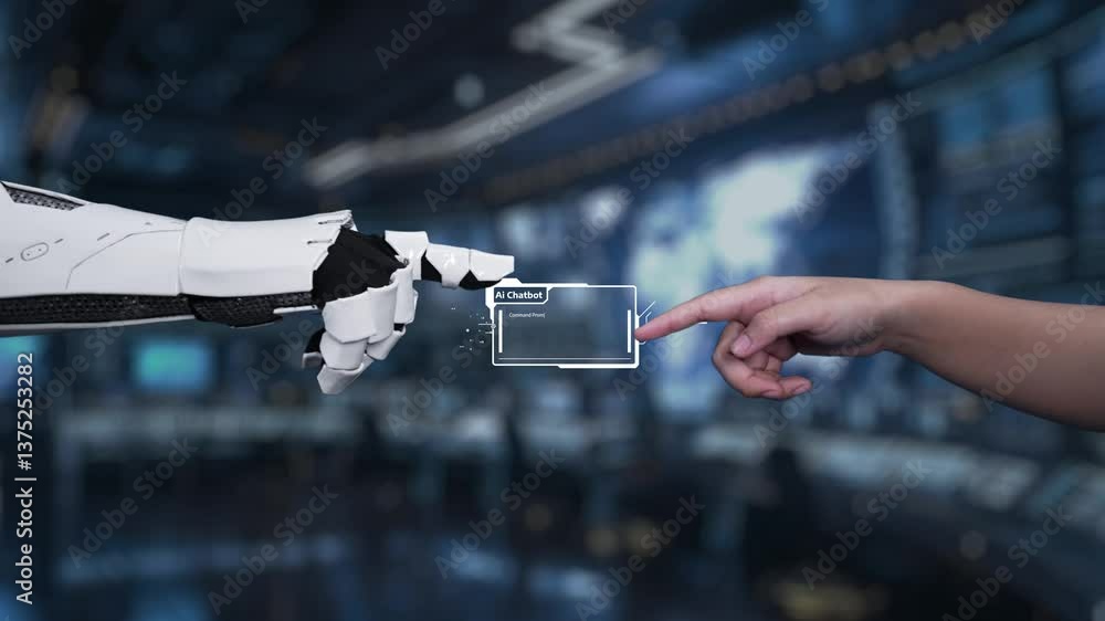 Poster a captivating scene showcasing the interaction between a human hand and a robotic hand engaging with