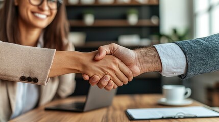 A smiling businesswoman and businessman confidently shake hands sealing a deal in an office setting.