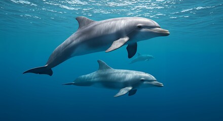 Dolphin Pod Swimming Gracefully Underwater in Deep Blue Ocean Water