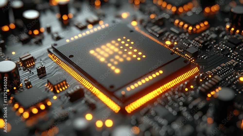 Poster illuminated circuit board: a close-up of a modern microprocessor