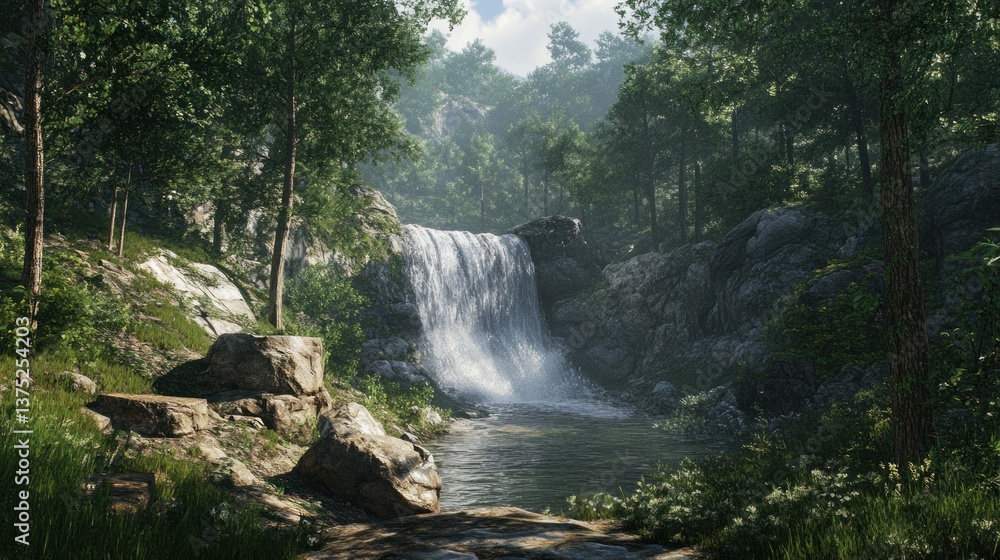 Poster Serene waterfall cascading down rocky cliffs into a tranquil pool, surrounded by lush greenery and sunlight filtering through trees.
