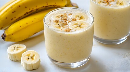 Two glasses of creamy banana smoothie garnished with banana slices and a sprinkle of cinnamon next to fresh ripe bananas.