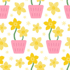 Hand drawn seamless pattern with daffodils in a pink pot
