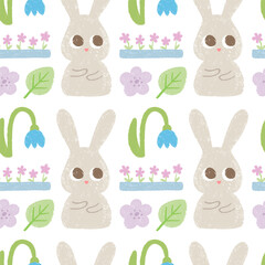 Cute bunny with spring flowers, snowdrops, chalk drawn seamless pattern