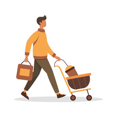 Vector illustration of a young man walking with a trolley and a bag in his hand, flat style
