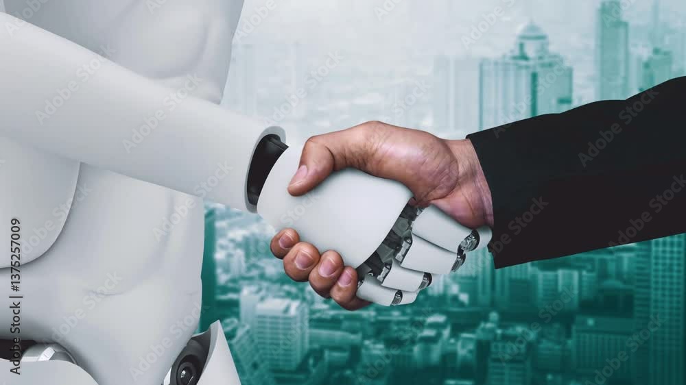 Poster 3d rendering hominoid robot handshake to collaborate future technology development by ai thinking br