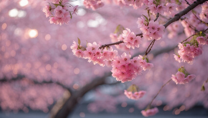Obraz premium Vibrant Cherry Blossoms in 8K with Soft Sunlight and Bokeh