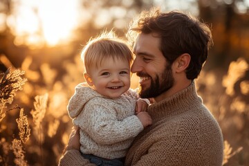 Obraz premium father holding son smiling in a field with golden light, Generative AI