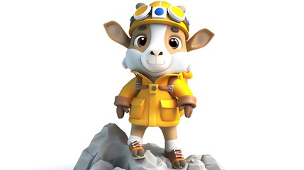 Fototapeta premium Adorable Cartoon Goat Climber in Yellow Jacket Conquering Rocky Peak