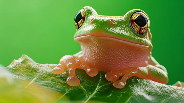 Frog on Leaf: A vibrant close-up of a frog perched upon a textured green leaf, with a vivid green backdrop, the image offers a glimpse into the intimate details of nature's miniature marvels