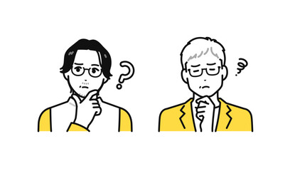 悩む表情のビジネスカジュアルなミドル世代・シニア世代の男性のシンプルな人物アイコンセット