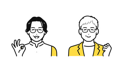 問題が解決して喜ぶビジネスカジュアルなミドル世代・シニア世代の男性のシンプルな人物アイコンセット