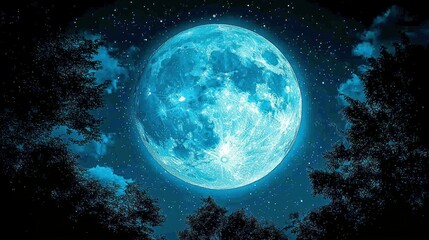 Enchanted Night: Celestial Blue Moon over Silhouetted Trees