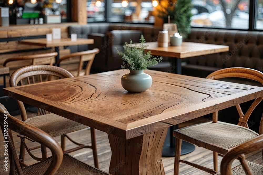 Poster refined square oak table in a warm tranquil cafe layout with unique wood grain and cozy vibes