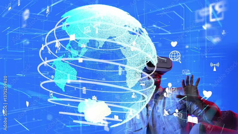 Poster excited man looking global connection hologram by using vr glasses. skilled investor checking and lo
