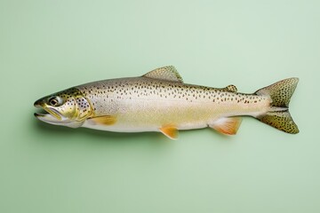 Obraz premium A single fish appears resting horizontally on a green surface