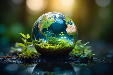 Earth Day globe with moss landscapes. Perfect for environmental campaigns, conservation awareness, ecological projects, nature-themed designs. Serene, hopeful, sustainable concept.