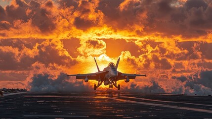 Sunset Landing: F/A-18 Super Hornet on Aircraft Carrier