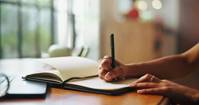 Writing, notebook and hands with pen for notes, diary entry and creative ideas on desk. Thinking, book and closeup of person for planning, schedule and agenda or to do list, calendar and journal
