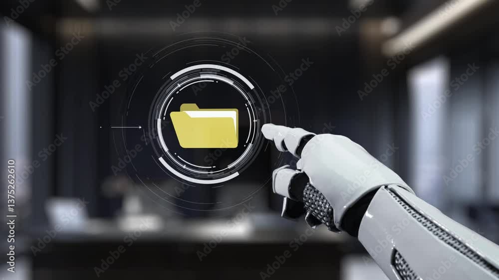 Poster a robotic hand points towards a digital folder interface, showcasing advanced technology in a modern