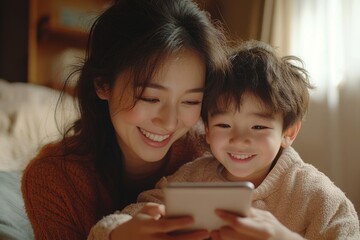 Close up smiling Asian mother with Caucasian son using phone together, looking at device screen, making video call or watching cartoons, hugging, spending leisure time with smartphone at