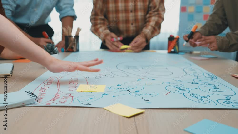 Poster collaborative team brainstorming session with sticky notes and whiteboard in modern office environme