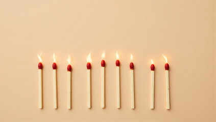 Burning Matches on Beige Wall, Career Burnout, Job Exhaustion, Stress Concept with Copyspace | High-Quality Stock Photo for Business, Mental Health, Workplace Stress
