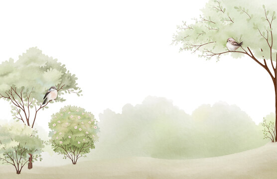 Fototapeta Watercolor landscape with delicate trees, bushes and cute birds. Hand drawn illustration for childhood design wallpapers, mural for baby room, template for cartoon animals.