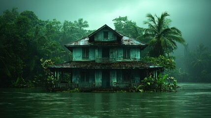 Fototapeta premium Enigmatic Mansion Submerged in a Tropical Lagoon