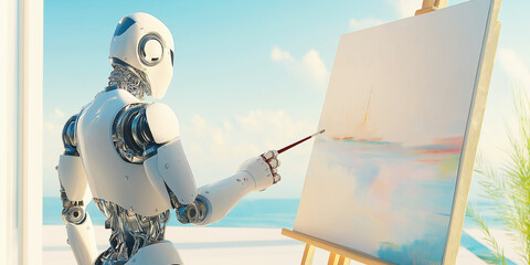 Naklejka premium Modern Art Studio: Robot Creating Masterpiece with Soft Lighting