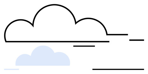 Black-outlined cloud with subtle blue fill, horizontal lines indicating motion. Ideal for weather, data storage, networking, simplicity, serenity, speed minimalism. Flat simple metaphor