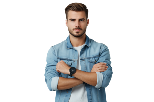 Young handsome man dressed in casual denim shirt with smartwatch on wrist isolated on white or transparent background 