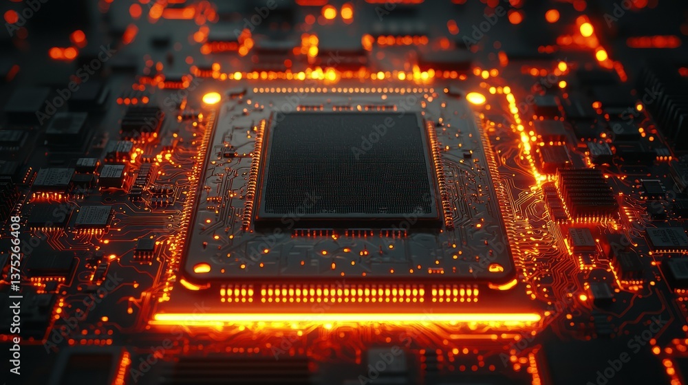 Poster glowing circuit board: a close-up view of a computer chip
