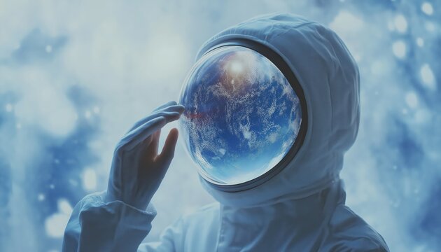 Futuristic Astronaut Gazing at Earth Reflection - Space Exploration FutureTech