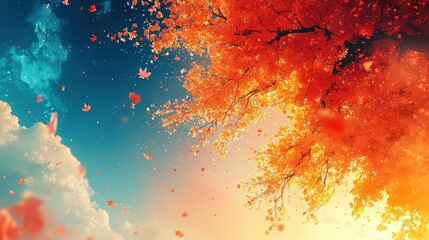 Fototapeta premium Autumnal Dream: A Celestial Dance of Falling Leaves