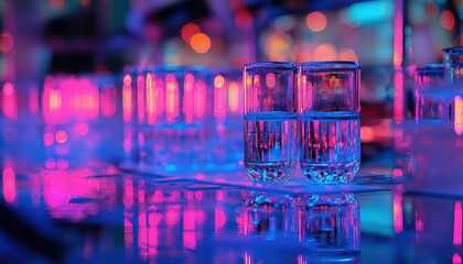 FutureTech Neon Drinks in Cyberpunk Setting with Glossy Reflections