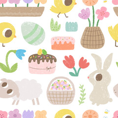 Easter seamless pattern with bunny, egg, cake, sheep, chik, flowers