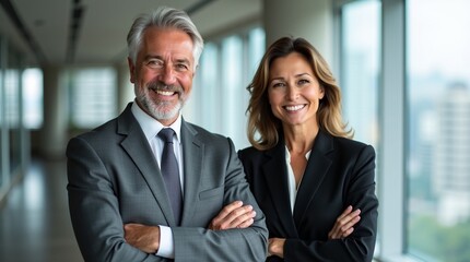 Two happy executive managers, mature business man and woman leaders, successful partners professional team in their 50s standing arms crossed in office at work looking at camera. Corporate portrait.