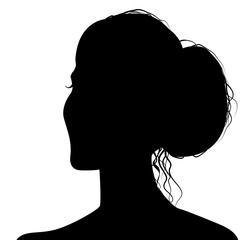 Head of a woman with her hair arranged in a bun at the back, black silhouette on white background