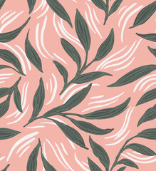 Hand painted abstract drifting leaves in colors of off white and sage green, forest green on pastel pink background. Seamless vector pattern. Great for home decor, fabric, wallpaper, gift wrap, etc.