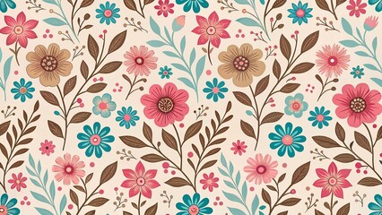 Fototapeta premium colorful floral pattern with pink, blue, and brown flowers with brown leafy accents on a light beige background, ideal for fabric prints, wallpapers, stationery, and gift wrapping 