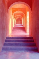 Colorful architectural passageway with arches and stairs in soft hues