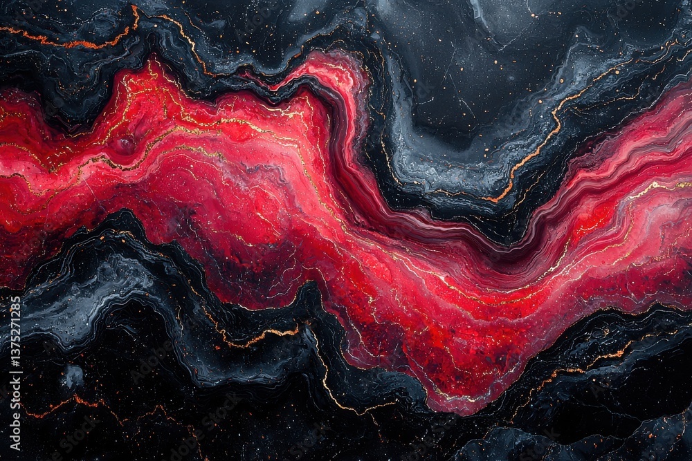 Poster abstract red and black marble texture with intricate flowing patterns